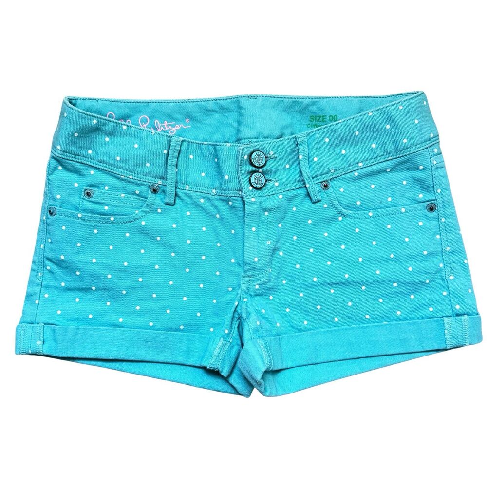 Lilly Pulitzer Clifton Shorts Sz 00 Aqua with White Polka Dots 2 Button Closure